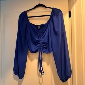 Blue Long-Sleeve Ruched Front Crop Top